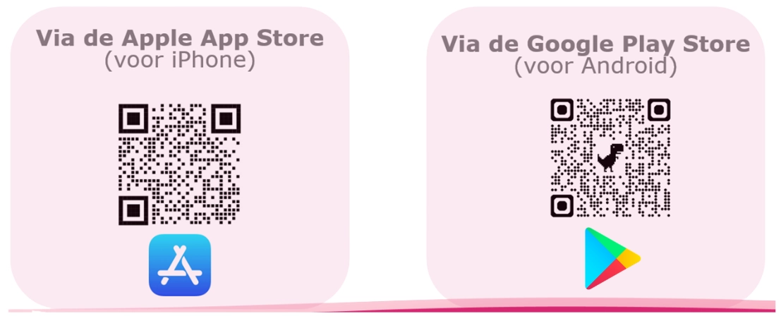 QR-codes die je naar de VNZ app brengen, links staat die voor iPhone en rechts voor Android