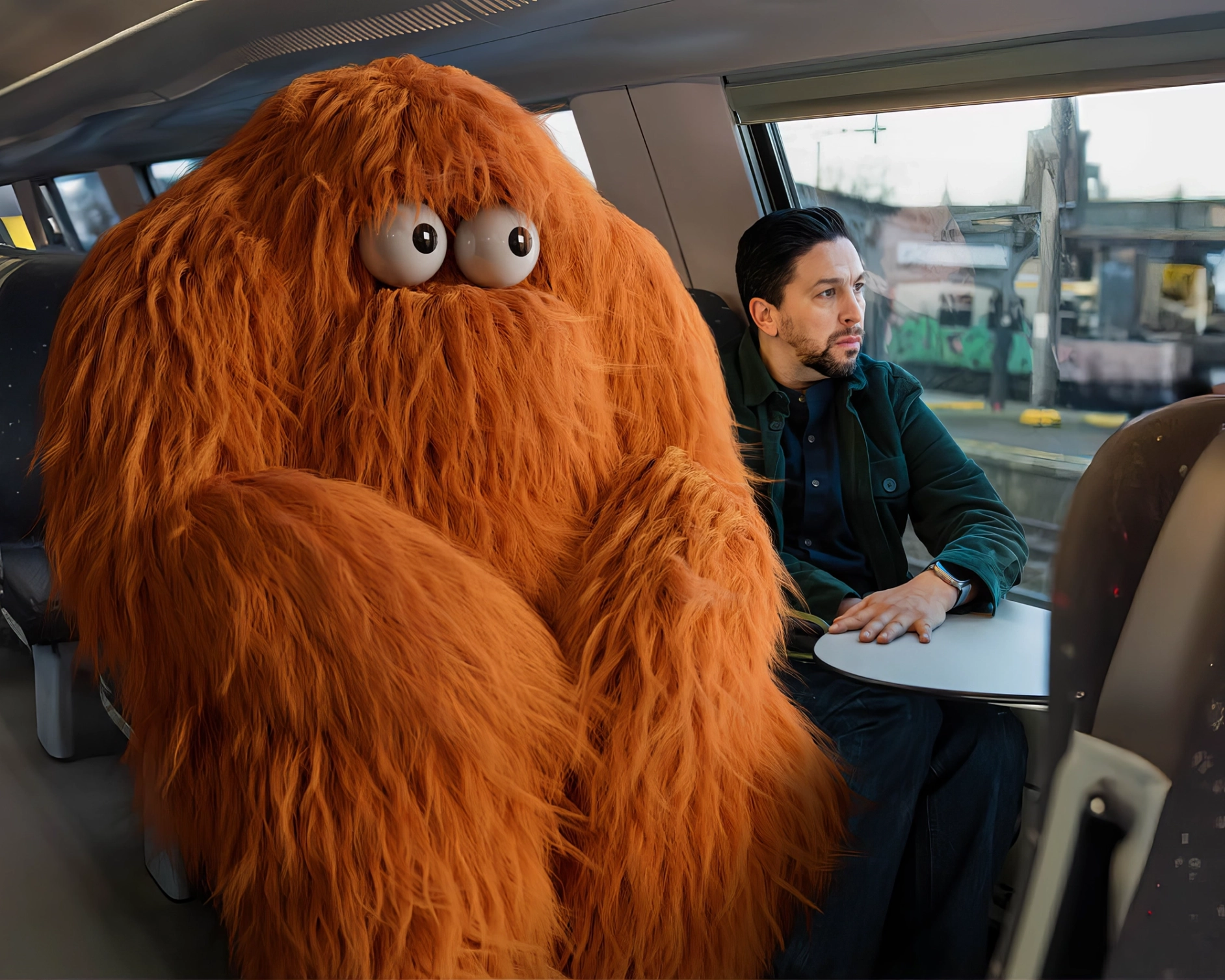 Man op de trein met naast zich een groot, harig monster.