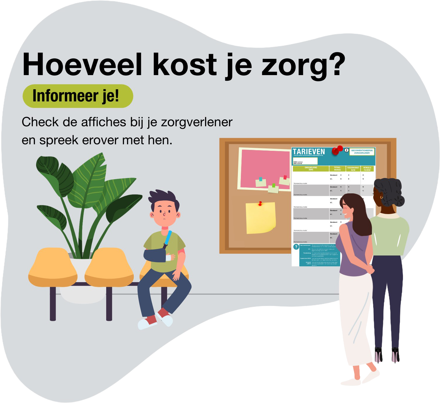 Persoon met gebroken arm in wachtkamer, 2 andere personen kijken naar de affiches op het prikbord.